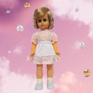 Vintage TM Toys Stella Doll Plastic Cute Cherry Blonde Big Eyes Pink Dress 17in